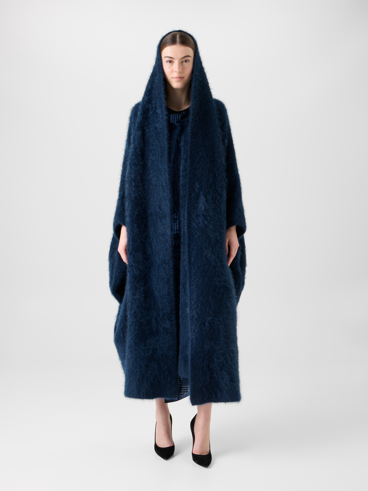 Designer Langes Kaschmir Cape mit Schal-Kapuze - Dunkelblau - Blau #editorial
