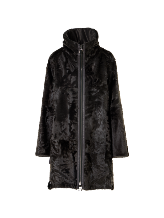 Designer Lamm-Shearling-Parka wendbar zu Seide - Grau