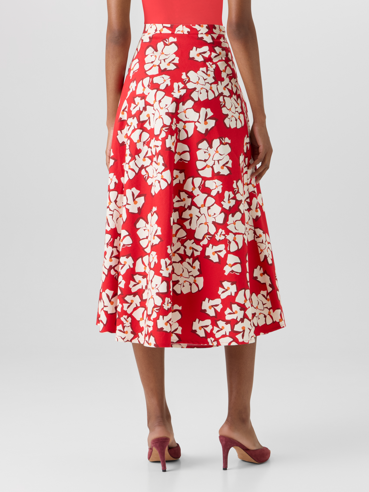 Designer Ausgestellter Midi-Rock mit Papercut Flower Print - Rot #editorial