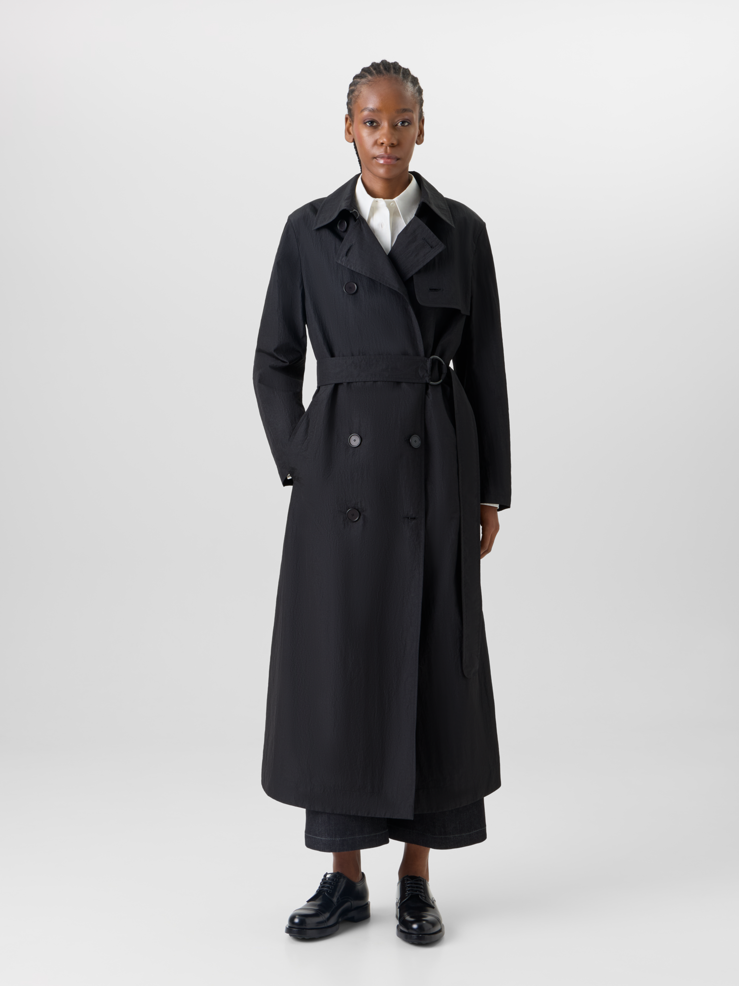 Designer Langärmeliger, langer Trenchcoat aus Crinkled-Parachute-Taft - Schwarz 