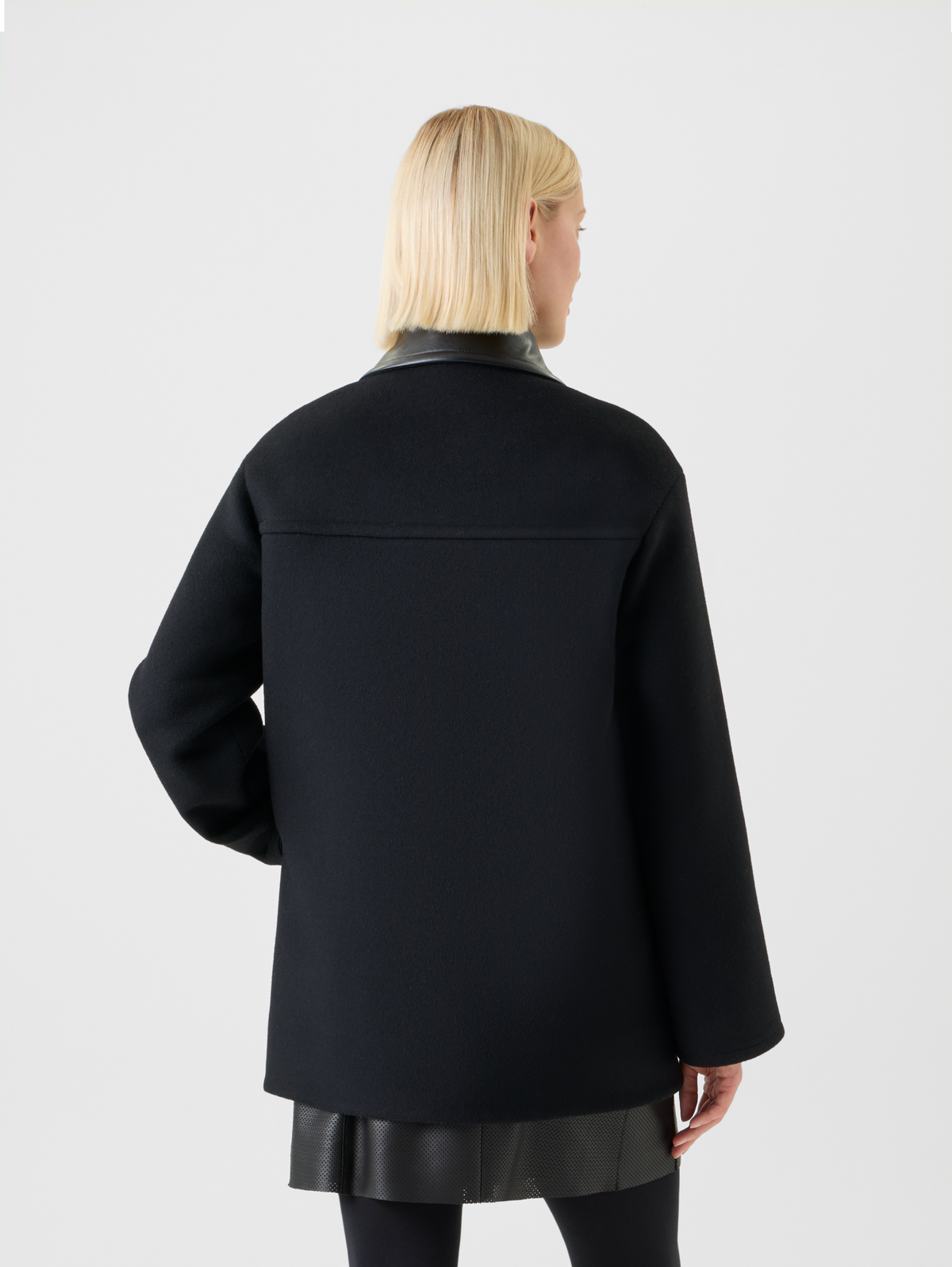 Designer Gewalkte Woll-Jacke  mit Lederimitat Kragen - Schwarz #editorial