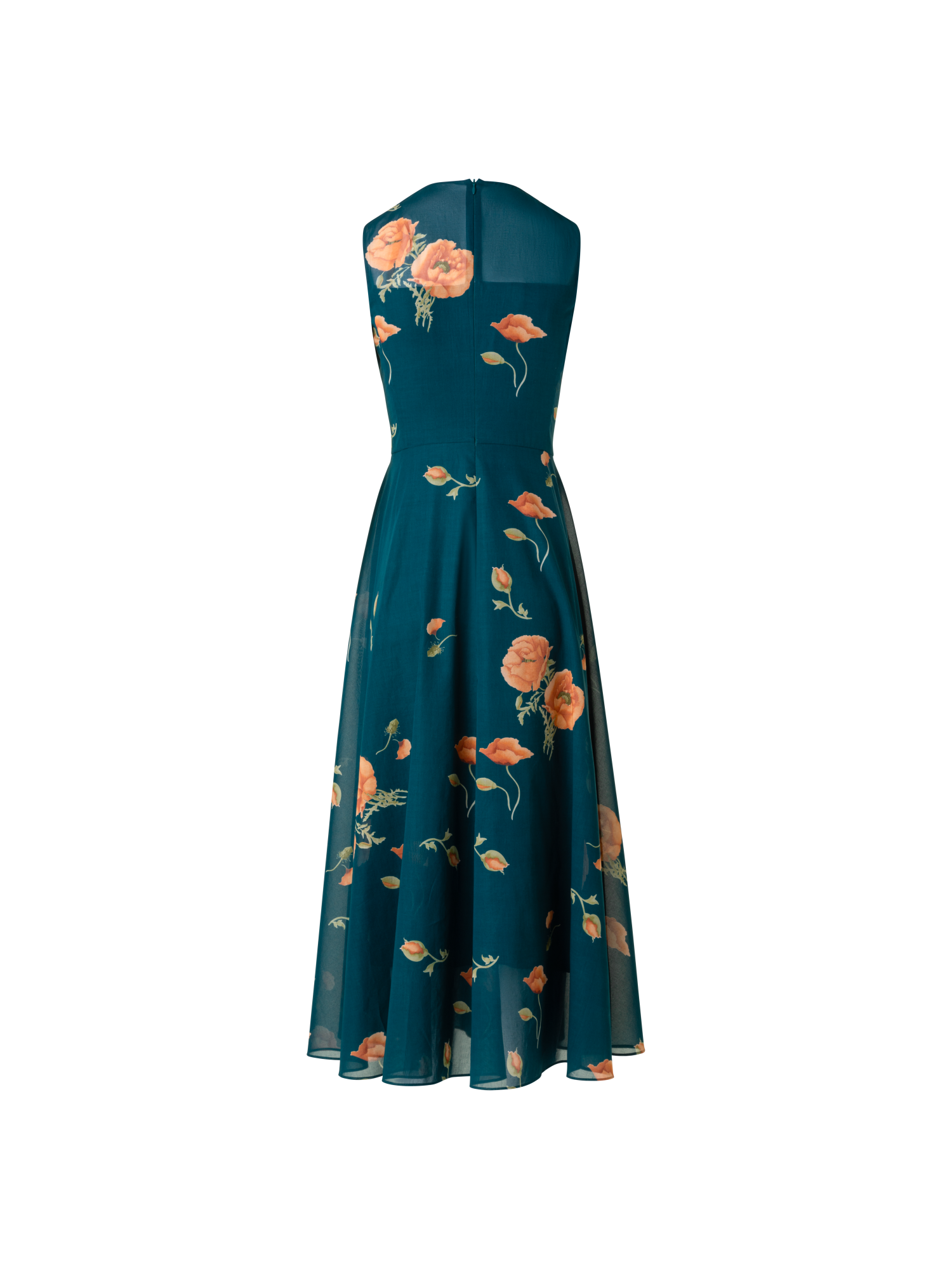Designer A-Linien Baumwoll-Midikleid mit Anemone Druck - Grün - Bunt