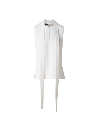 Designer Ärmellose Leinen-Wolle-Bluse mit Schleife - Ecru - Weiss