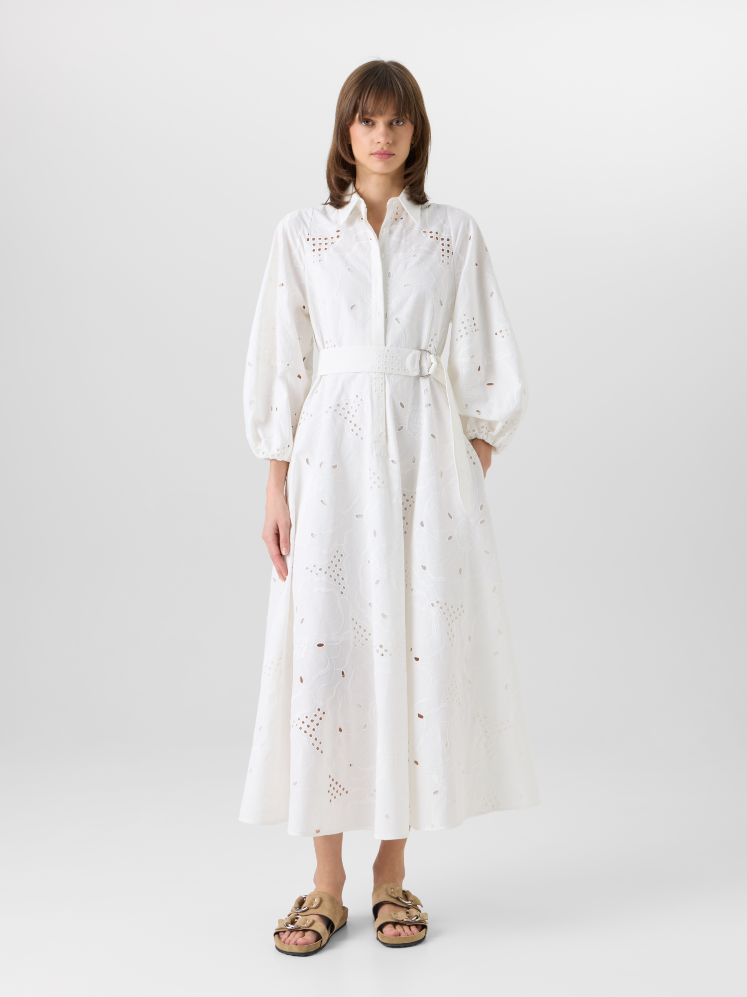 Designer Midikleid mit Blumen-Lochstickerei - Weiss 
