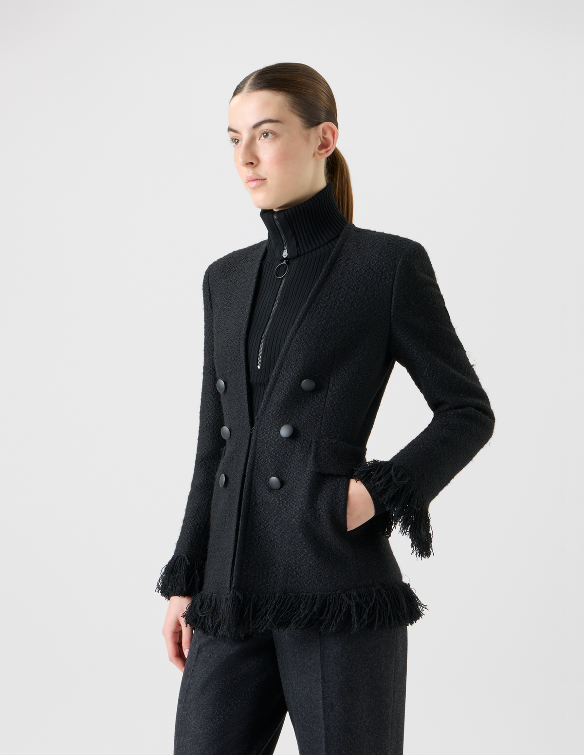 Designer Doppelreiher Illusion Jacke mit Fransen Detail - Schwarz #editorial