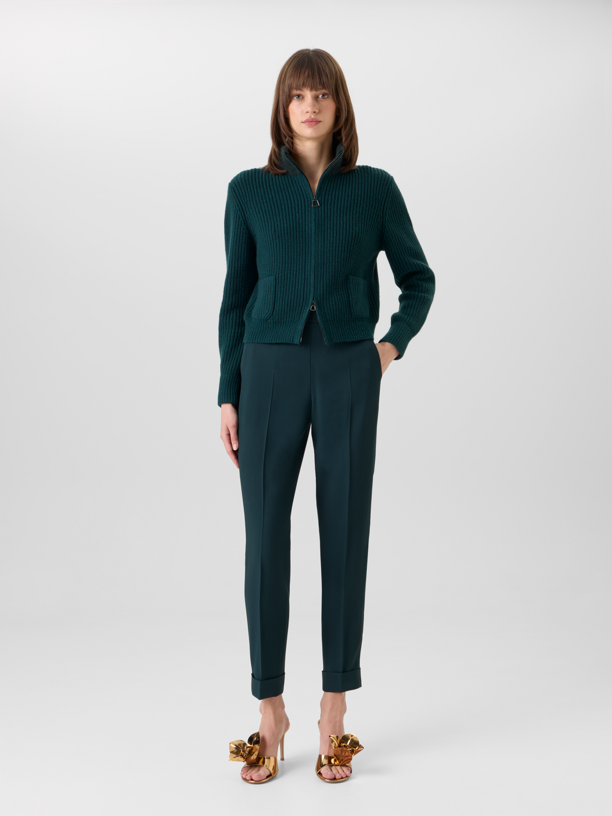 Designer Kurzer Cardigan aus Wolle-Kaschmir mit Bouclé-Kragen - Grün 