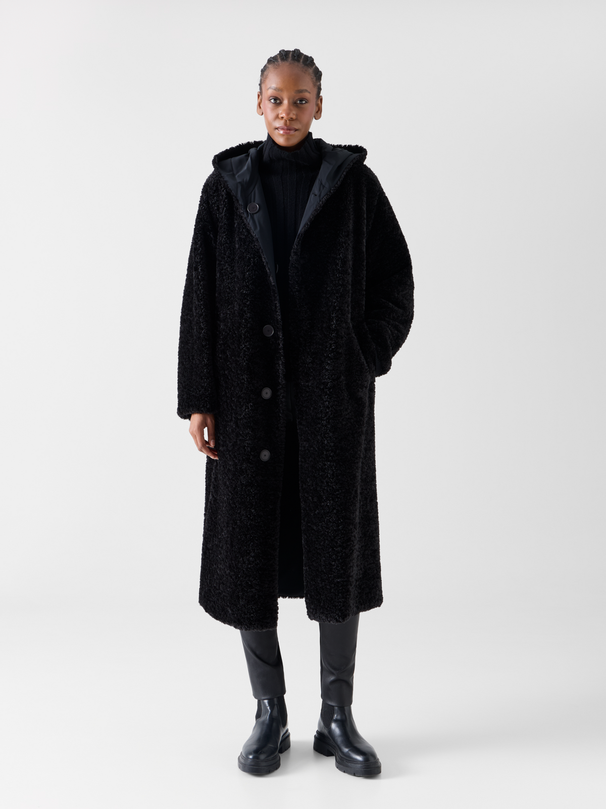 Designer Wendbarer Oversize-Webpelzmantel mit Kapuze - Schwarz 