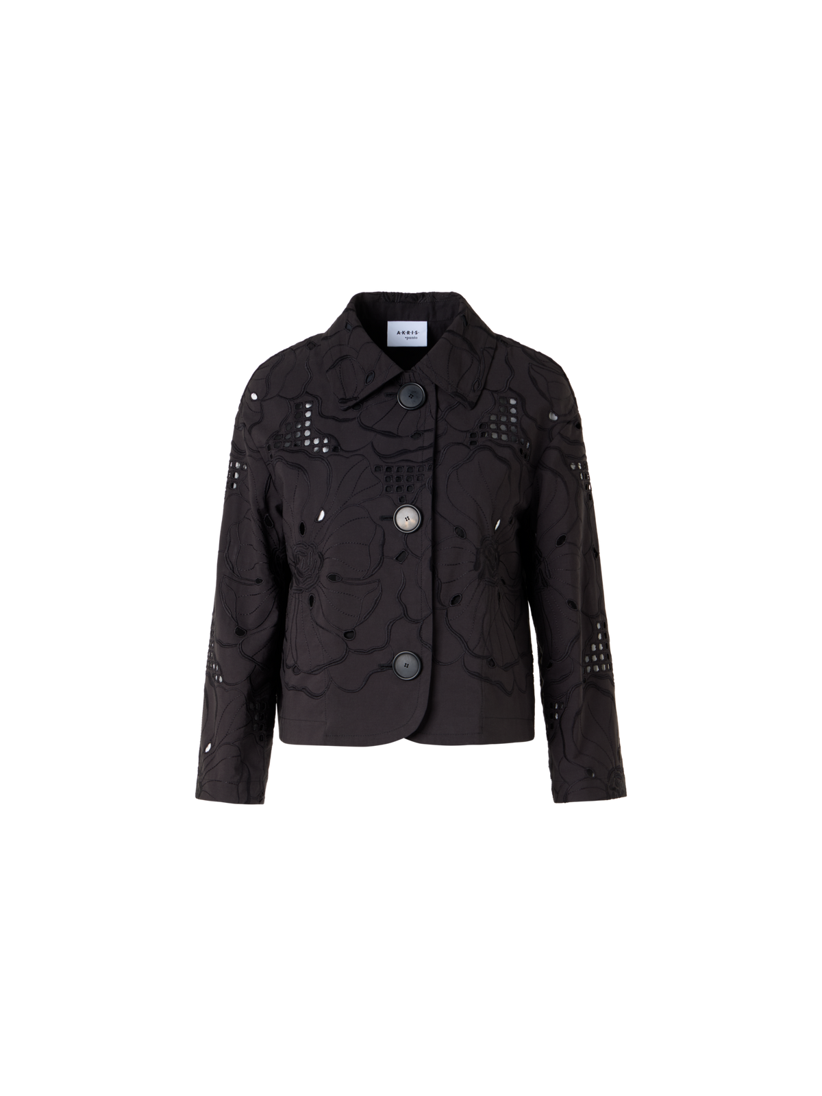 Designer Langärmelige Jacke mit Blumen-Lochstickerei - Schwarz