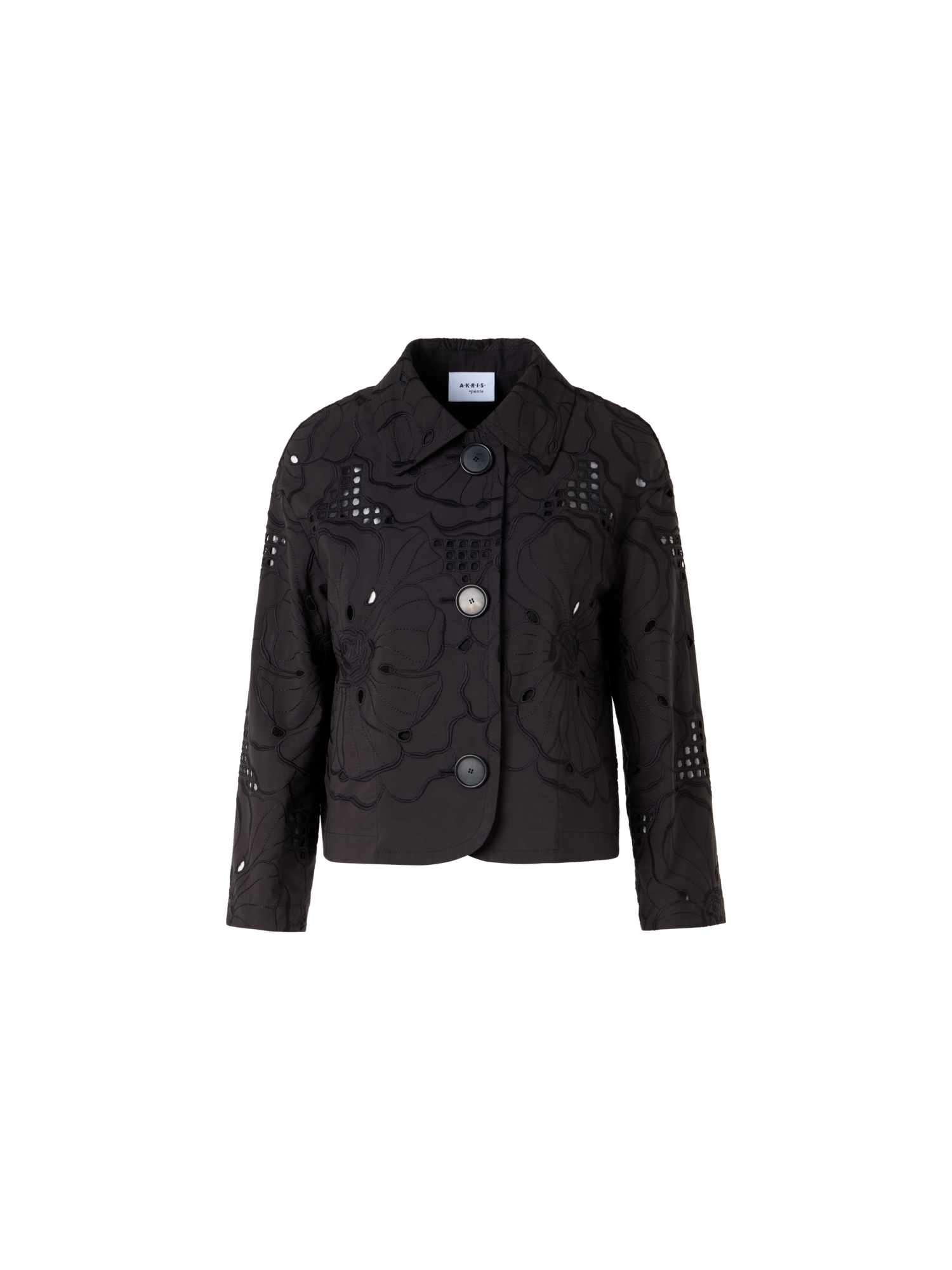 Designer Langärmelige Jacke mit Blumen-Lochstickerei - Schwarz