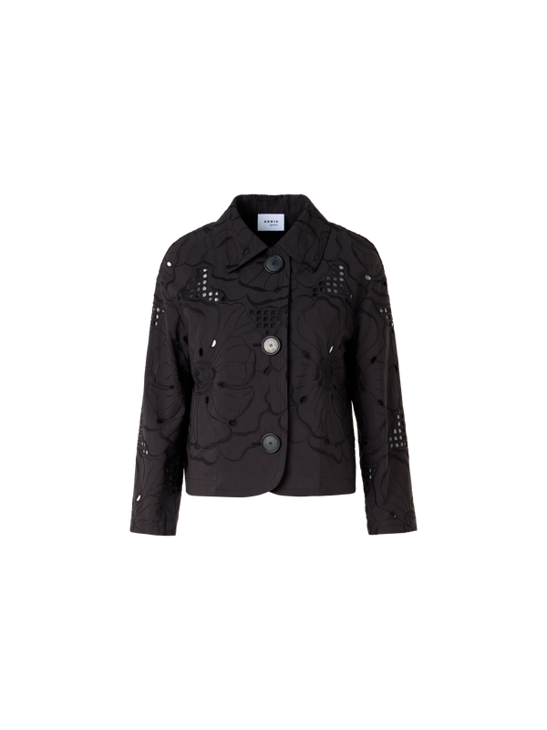 Designer Langärmelige Jacke mit Blumen-Lochstickerei - Schwarz