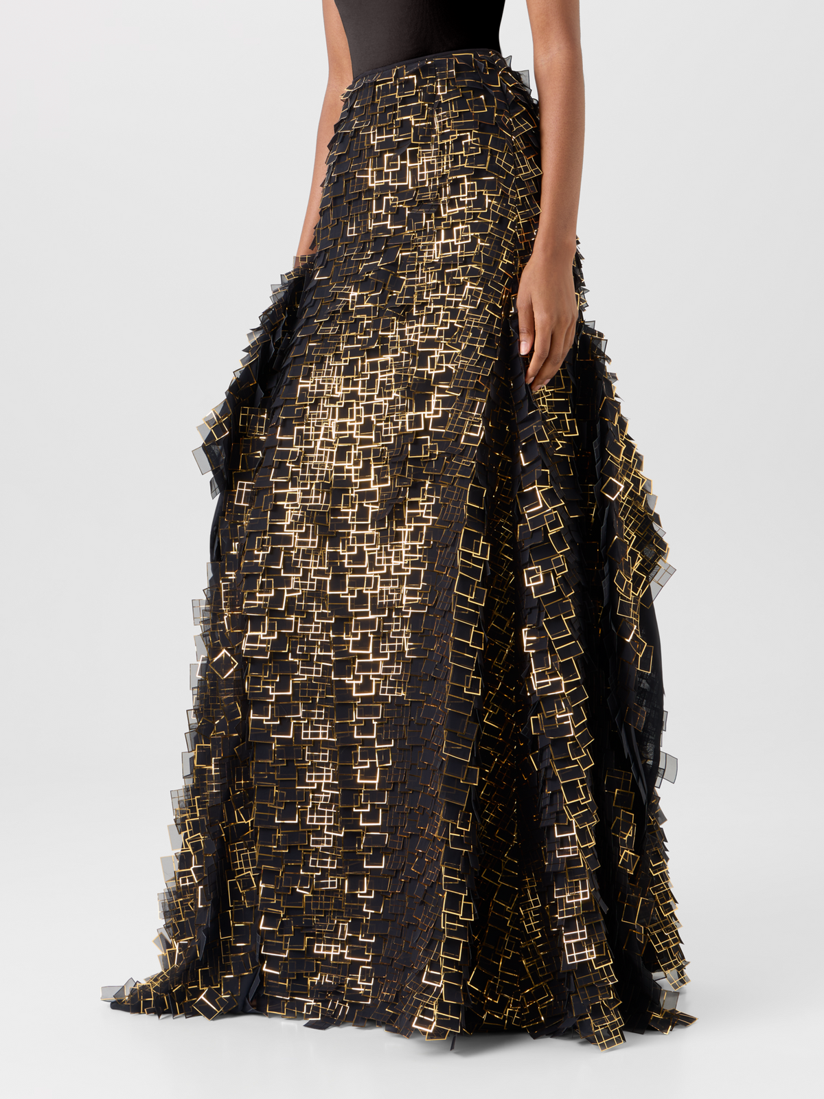 Designer Asymmetrischer Maxirock in Golden Frame Organza Tiles - Gold - Bunt - Schwarz 