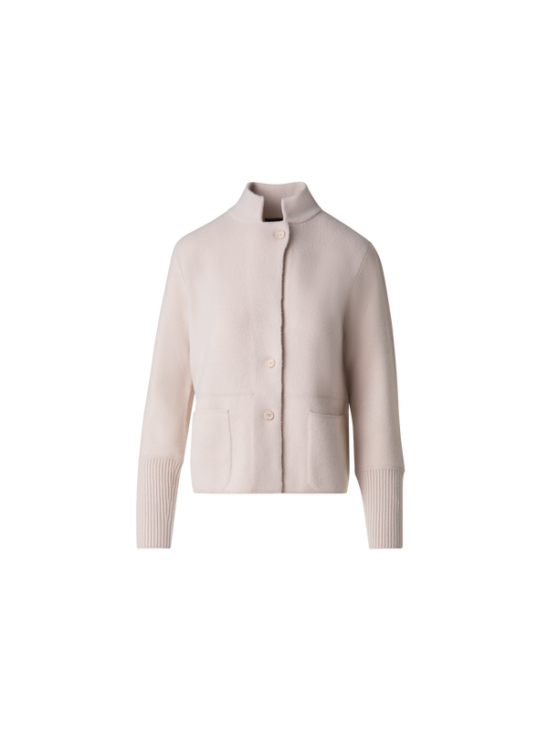 Designer Kaschmir-Piqué-Strickjacke mit Stehkragen - Beige