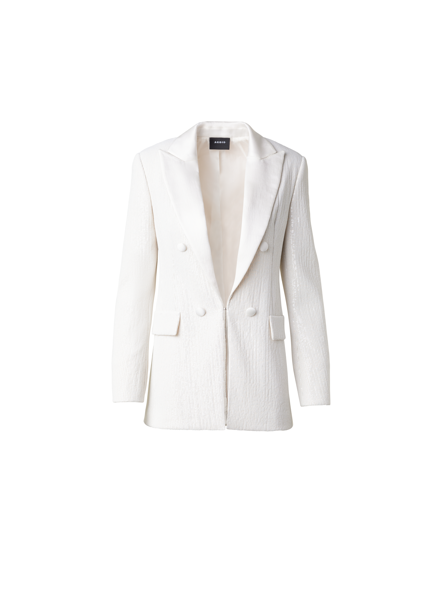Designer Langer Pailletten-Blazer mit Satinrevers - Ecru - Weiss