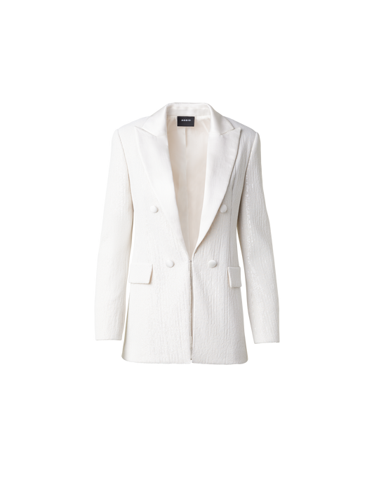 Designer Langer Pailletten-Blazer mit Satinrevers - Ecru - Weiss