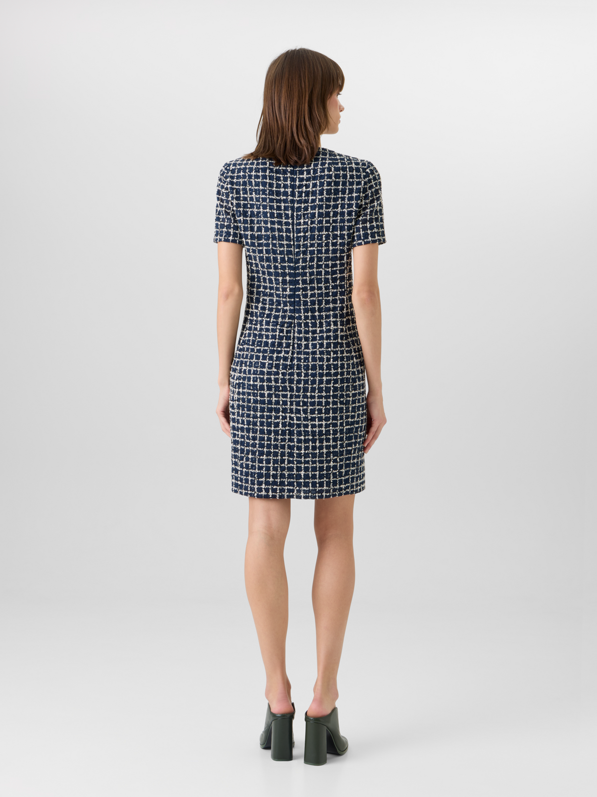 Designer Kurzärmeliges Etuikleid mit Tweed-Check-Stickerei auf Voile - Blau #editorial