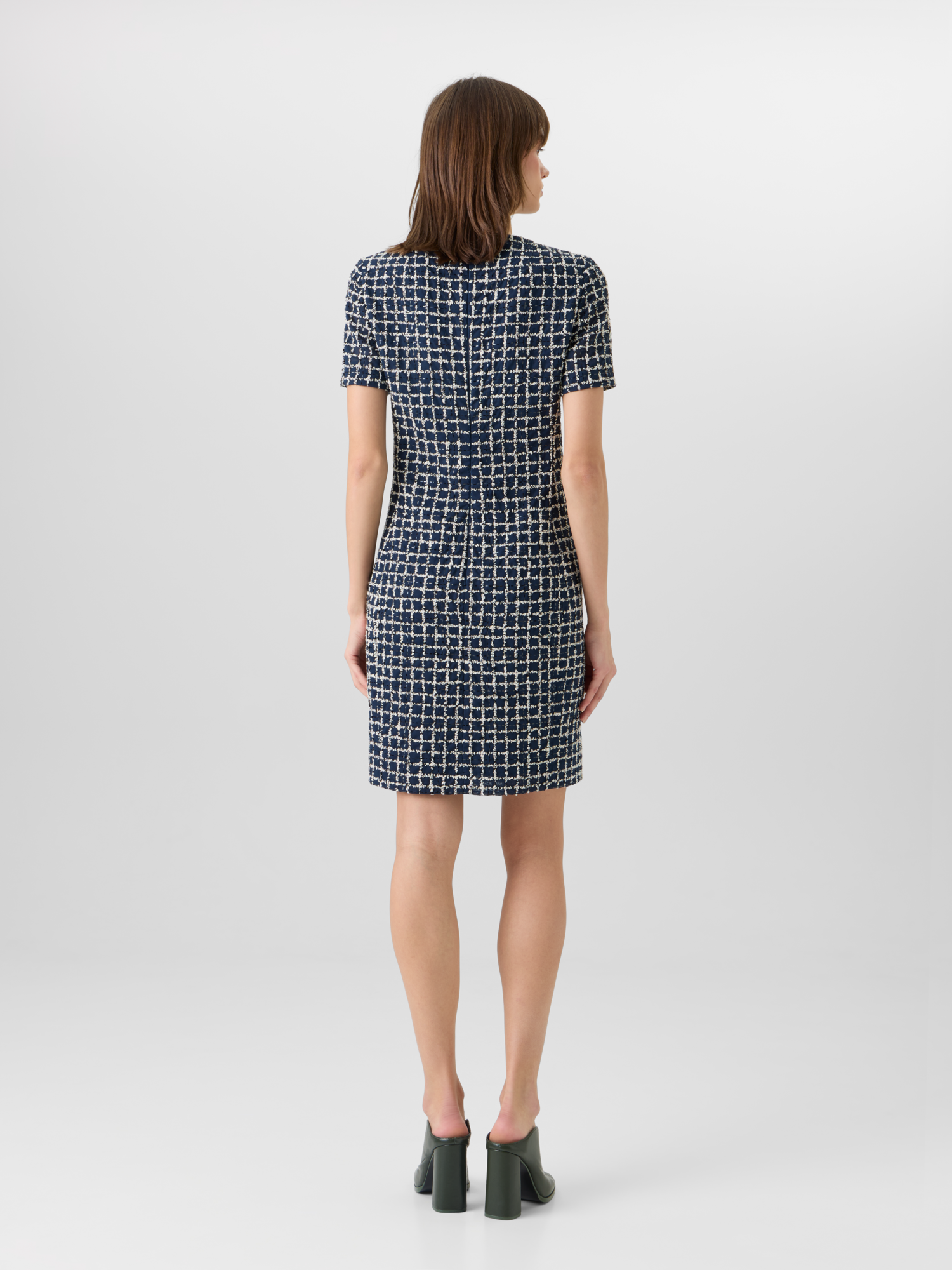 Designer Kurzärmeliges Etuikleid mit Tweed-Check-Stickerei auf Voile - Blau 