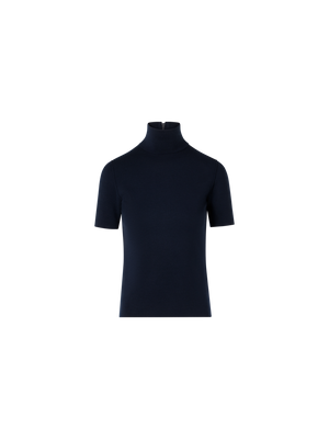 Designer Kurzarm-Pullover aus Woll-Milano-Strick - Dunkelblau