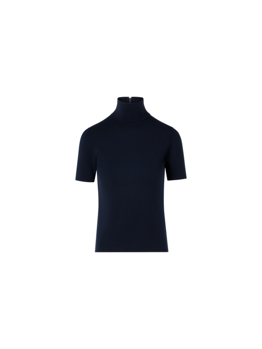 Designer Kurzarm-Pullover aus Woll-Milano-Strick - Dunkelblau