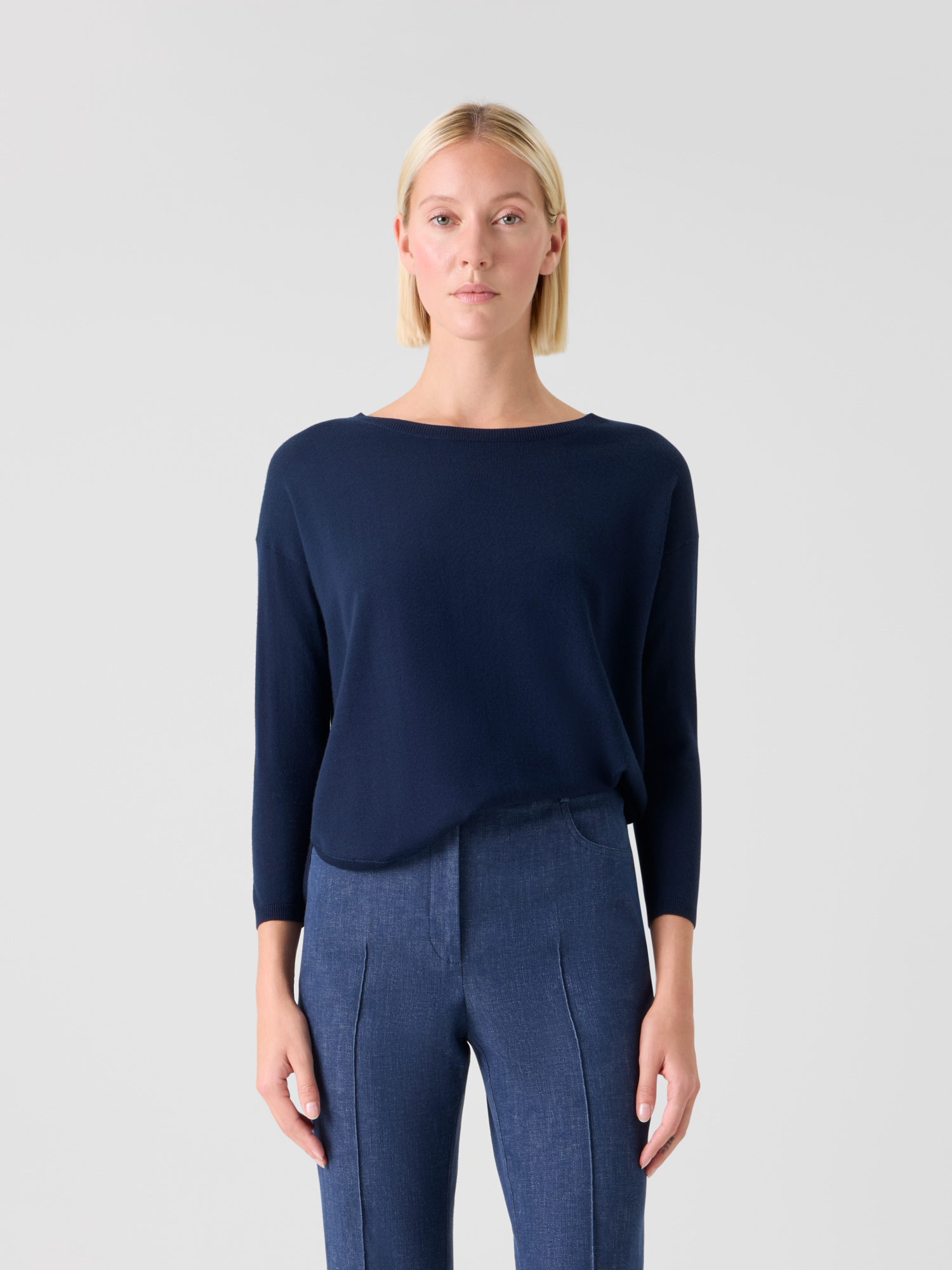 Designer Feiner Merinowolle-Signature-Strickpullover - Dunkelblau - Blau