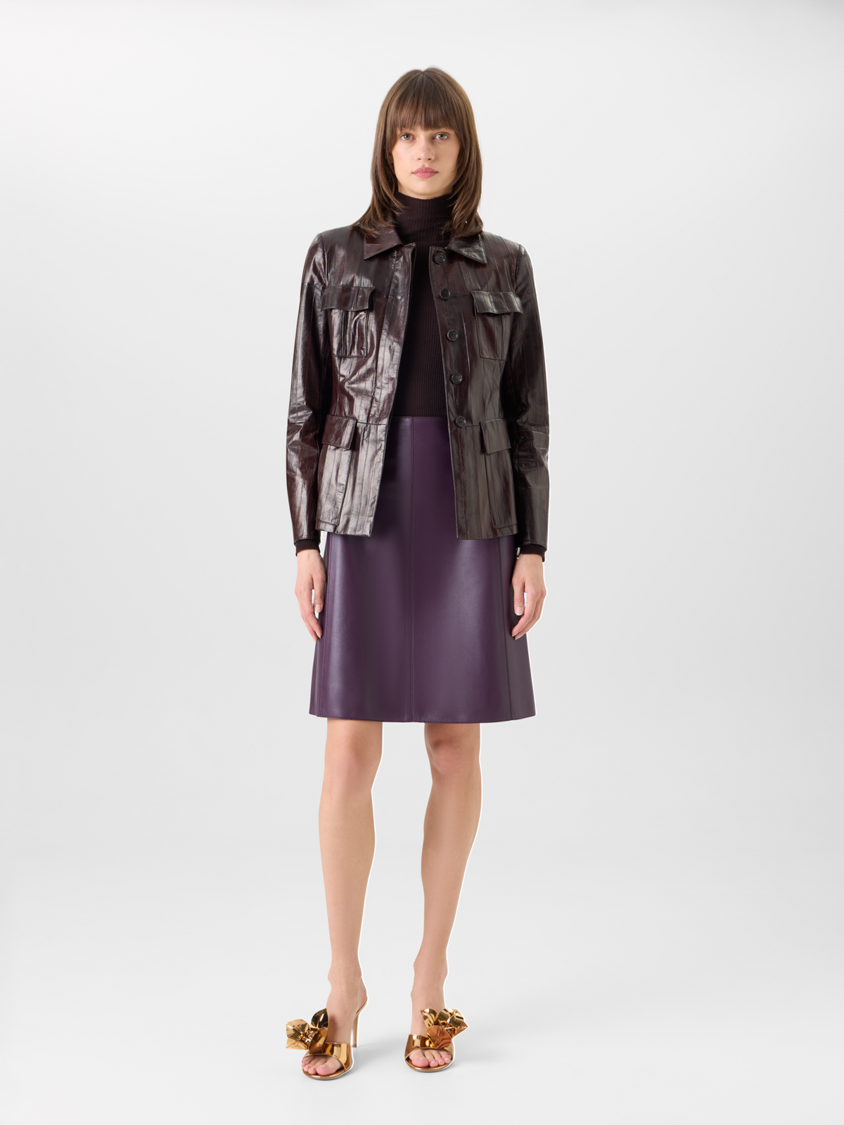 Designer Taillierte Jacke aus lackiertem Aalleder - Braun 