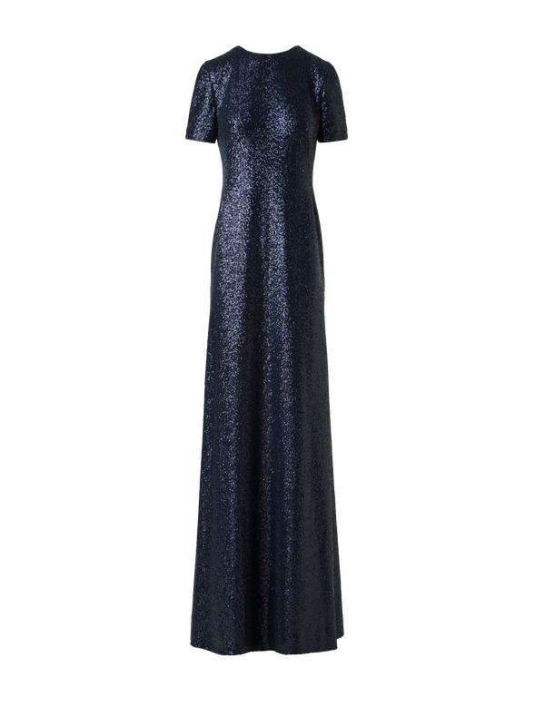 Designer Langes Pailletten-Abendkleid mit kurzen Ärmeln - Dunkelblau - Blau