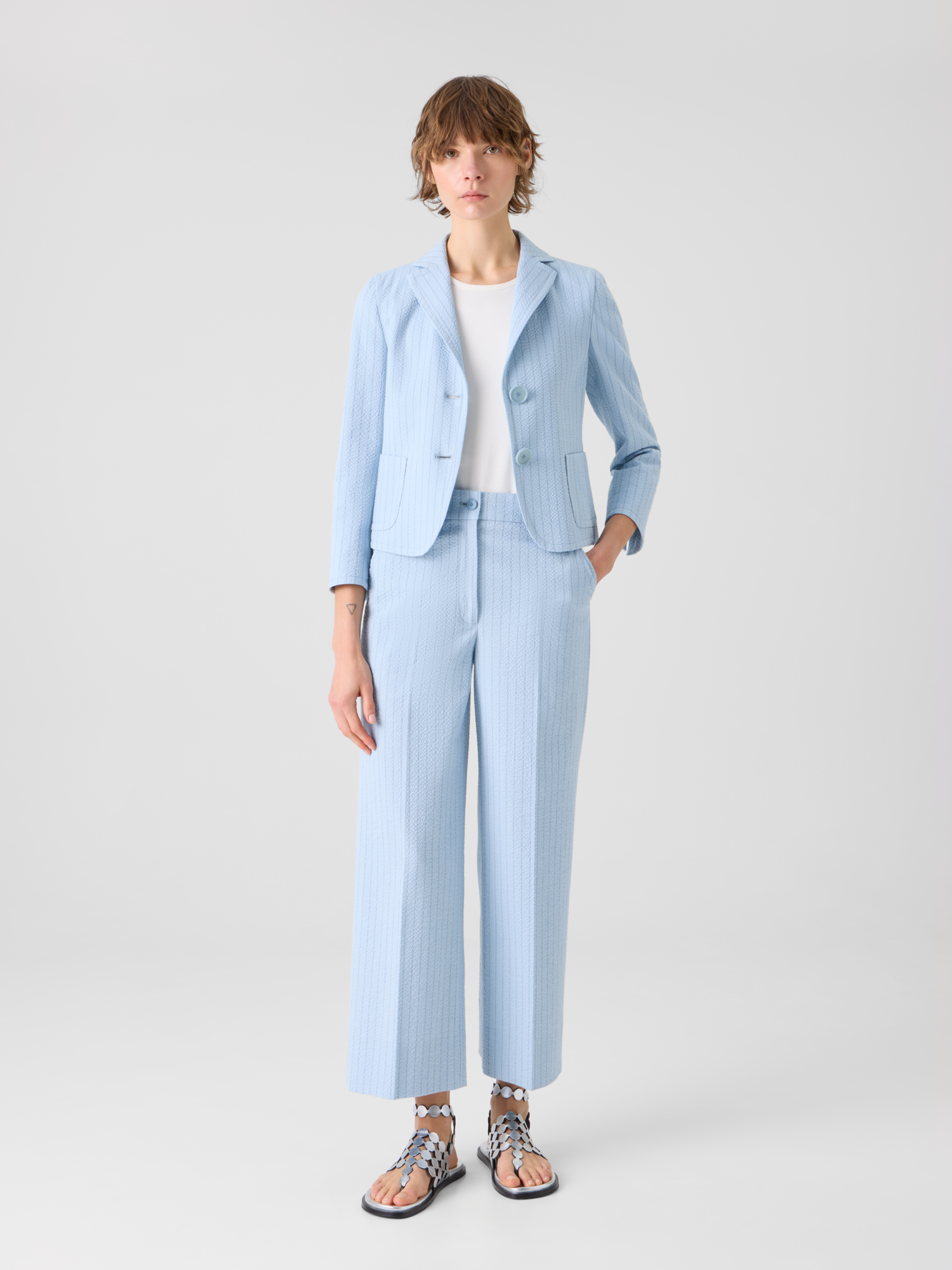 Designer Chiara Cropped Wide Leg Hose aus Seersucker - Blau 
