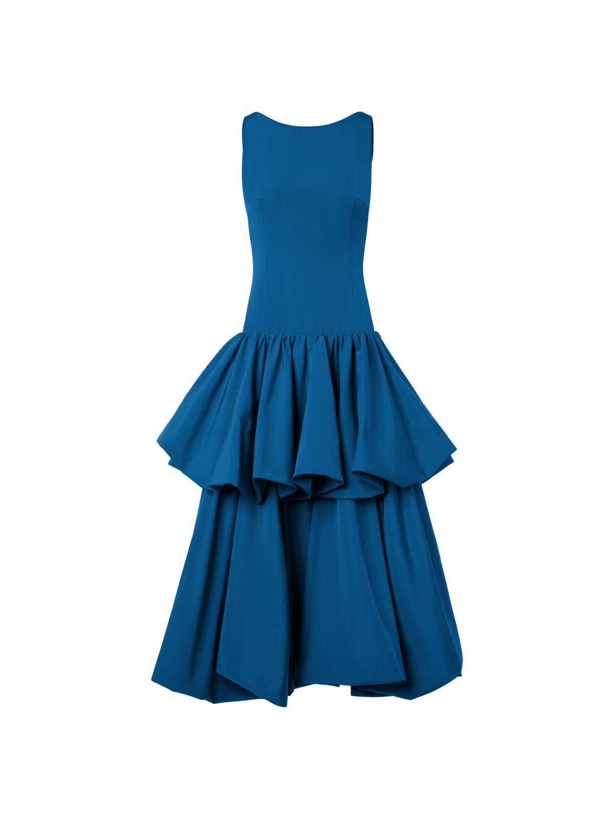 Designer Maxikleid aus Techno-Taft mit Volants - Blau