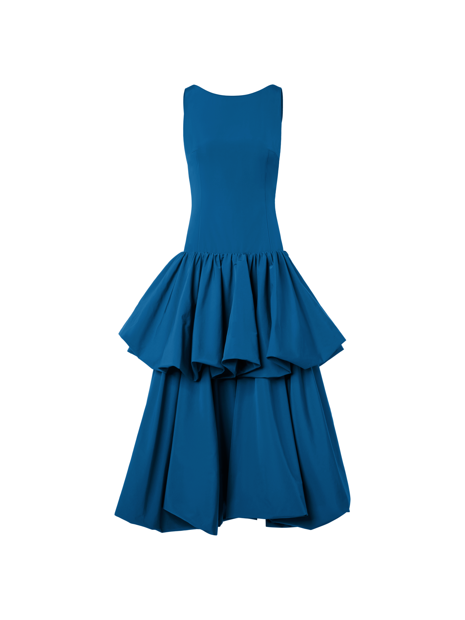 Designer Maxikleid aus Techno-Taft mit Volants - Blau