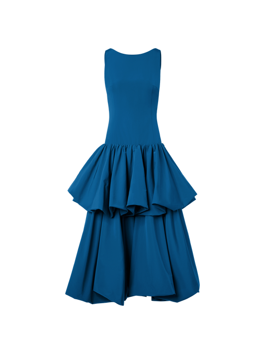 Designer Maxikleid aus Techno-Taft mit Volants - Blau