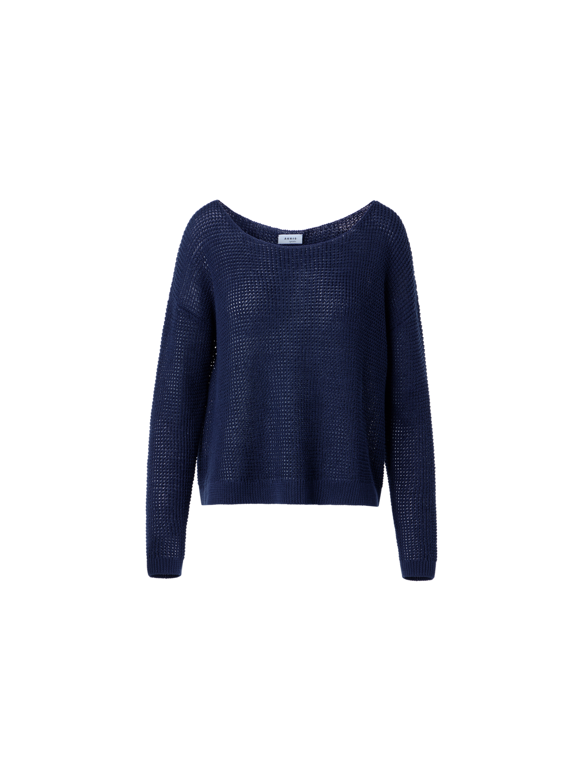 Designer Off-Shoulder-Pullover aus Leinen-Baumwolle mit V-Ausschnitt - Dunkelblau - Blau