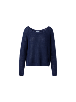 Designer Off-Shoulder-Pullover aus Leinen-Baumwolle mit V-Ausschnitt - Dunkelblau - Blau