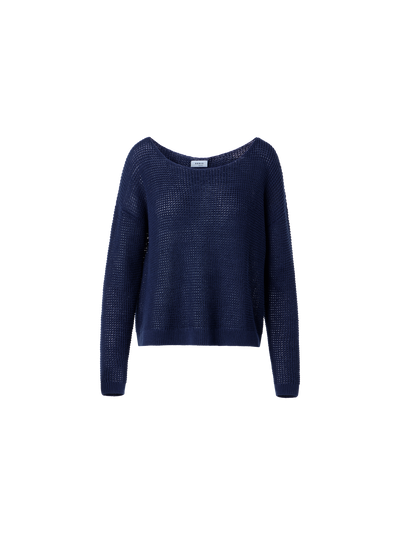 Designer Off-Shoulder-Pullover aus Leinen-Baumwolle mit V-Ausschnitt - Dunkelblau - Blau