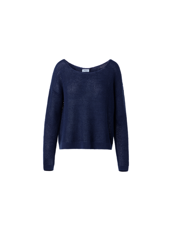 Designer Off-Shoulder-Pullover aus Leinen-Baumwolle mit V-Ausschnitt - Dunkelblau - Blau