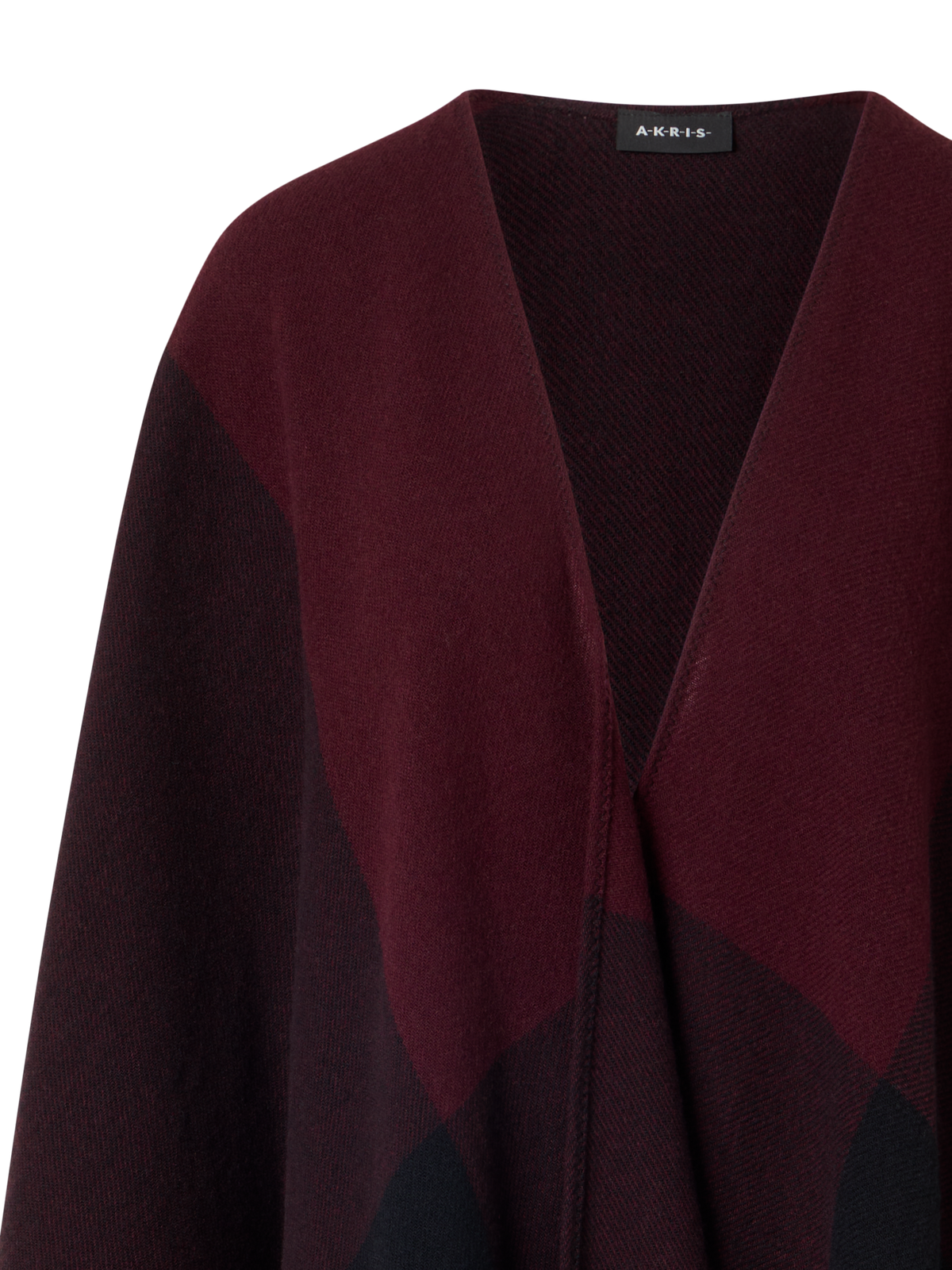 Designer Karierter Cape-Schal aus Wolle-Kaschmir mit Fransen - Rot - Weinrot