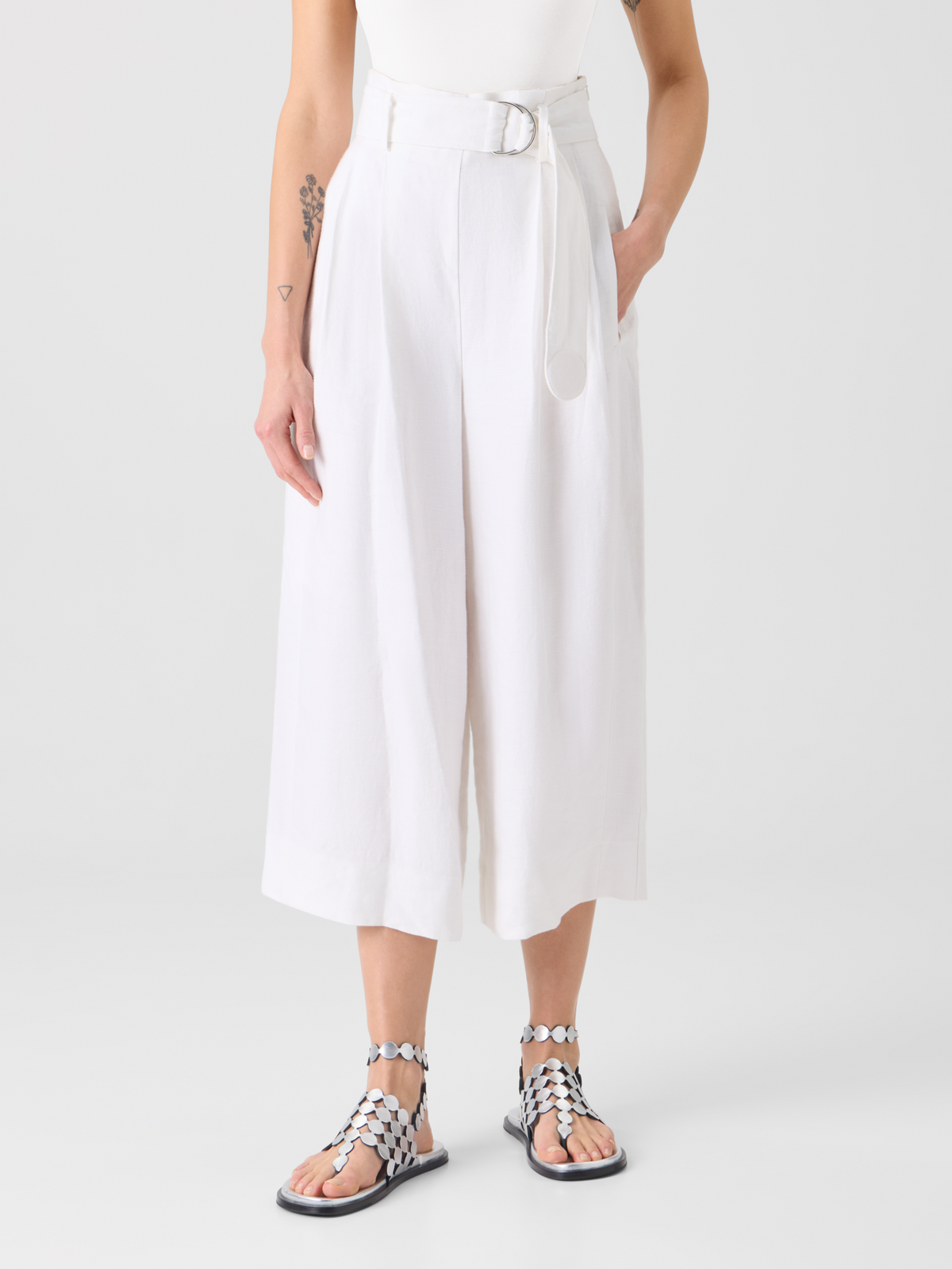 Designer Fiorella plissierte Culotte aus reinem Leinen - Weiss