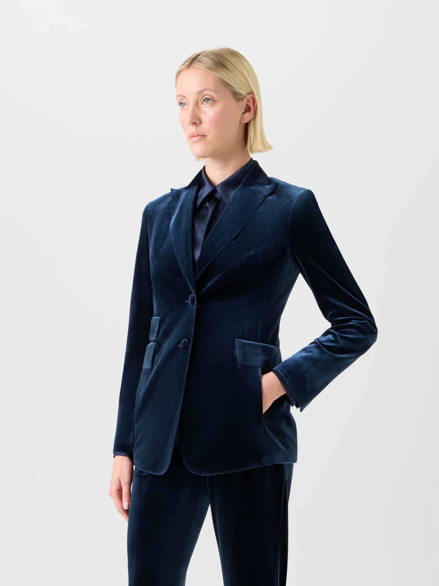Designer Langer Stretch Techno Samt Blazer - Dunkelblau - Blau 