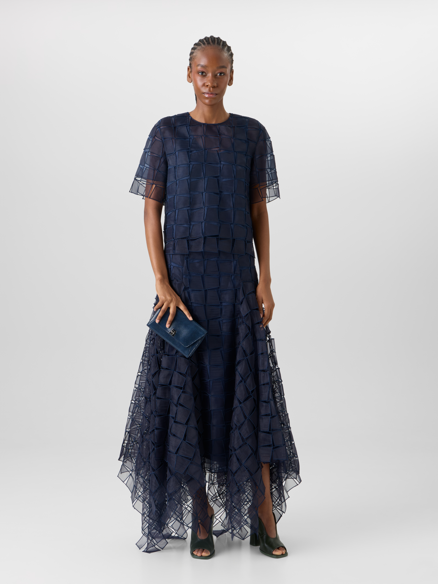 Designer Zipfelrock mit Trapez-Stickerei aus Organza - Dunkelblau 