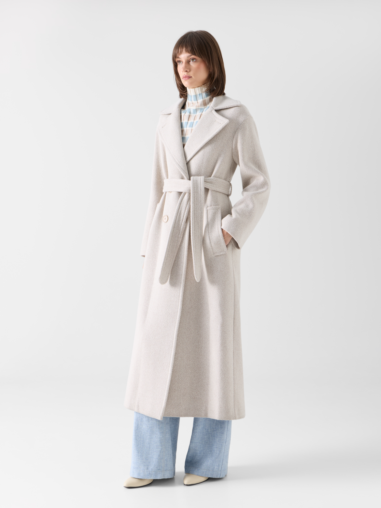 Designer Maximantel aus Wollmischung mit Fischgrat - Beige 