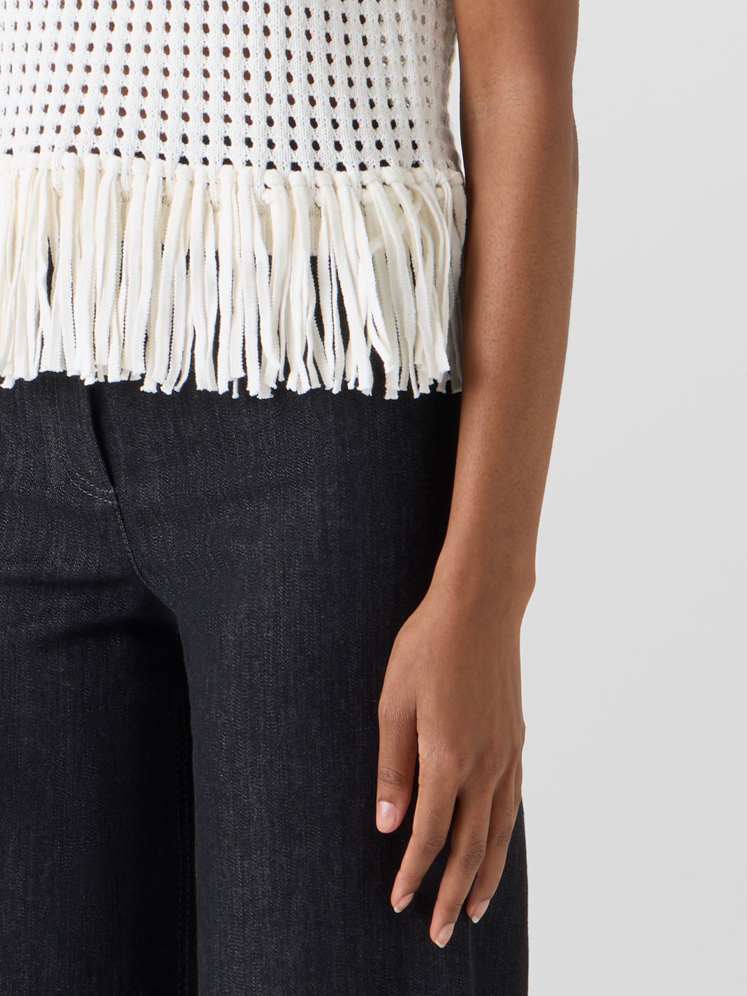 Designer Ärmelloses Stricktop aus grobem Baumwoll-Mesh - Ecru 