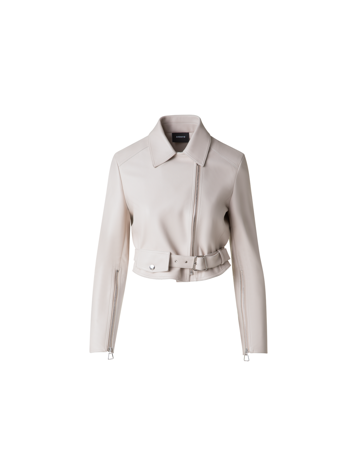 Designer Cropped Leder-Bikerjacke - Grau - Beige