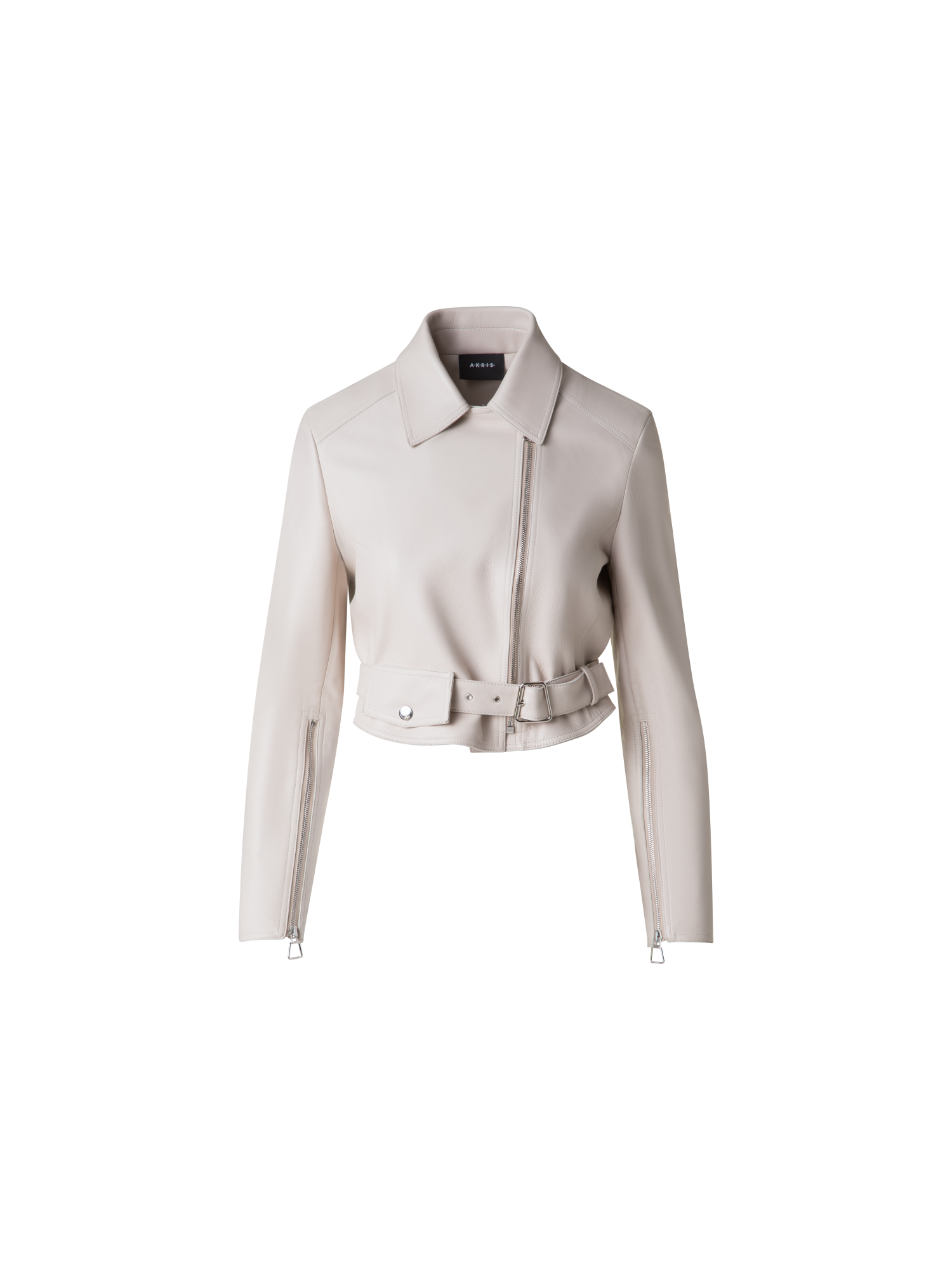 Designer Cropped Leder-Bikerjacke - Grau - Beige