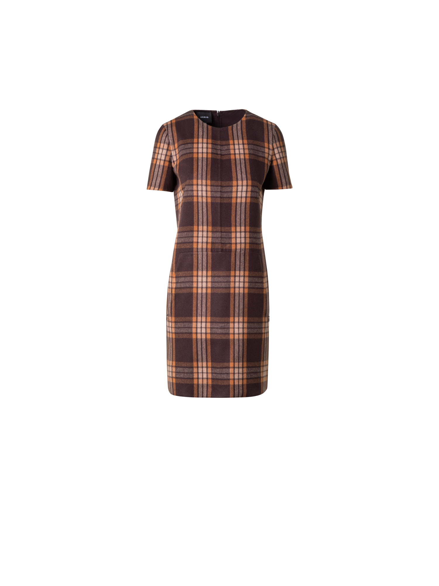 Designer Etuikleid aus Seide - Karo wendbar auf Uni - Braun - Bunt