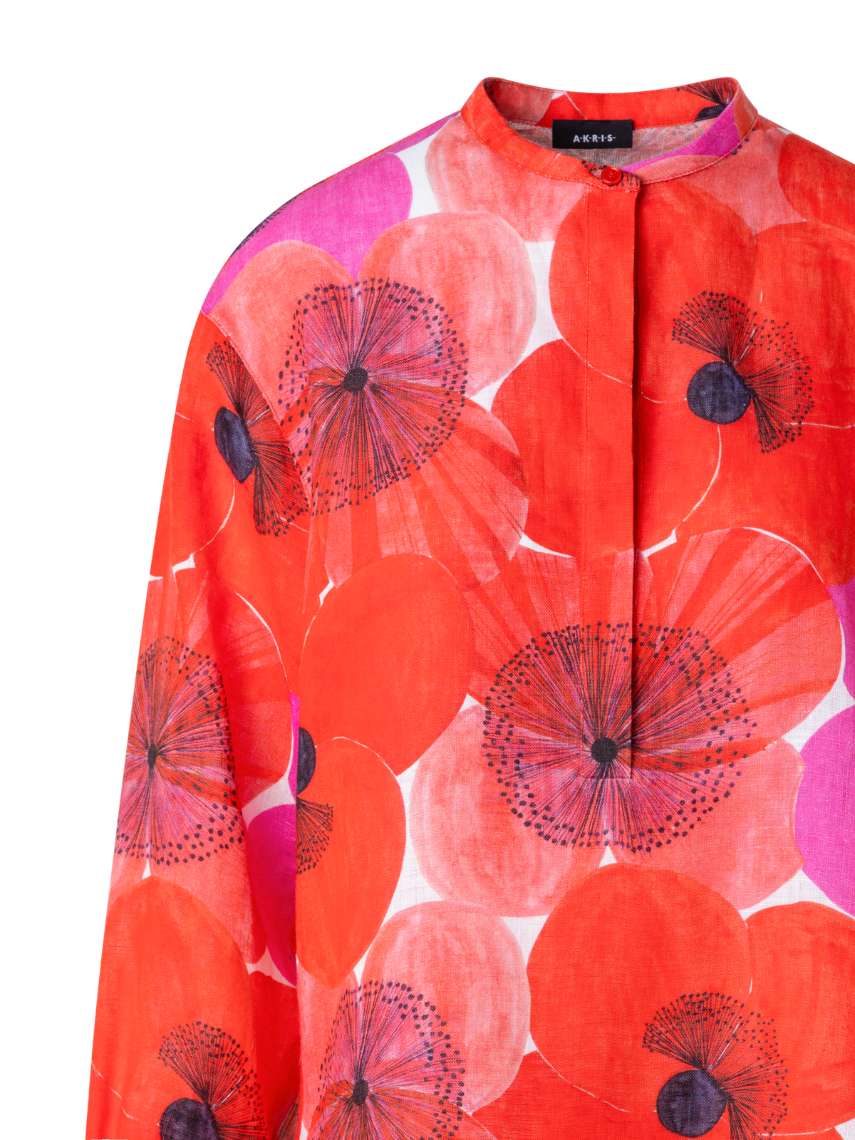 Designer Oversize Tunikabluse aus Leinen mit Poppy Druck - Bunt - Rot
