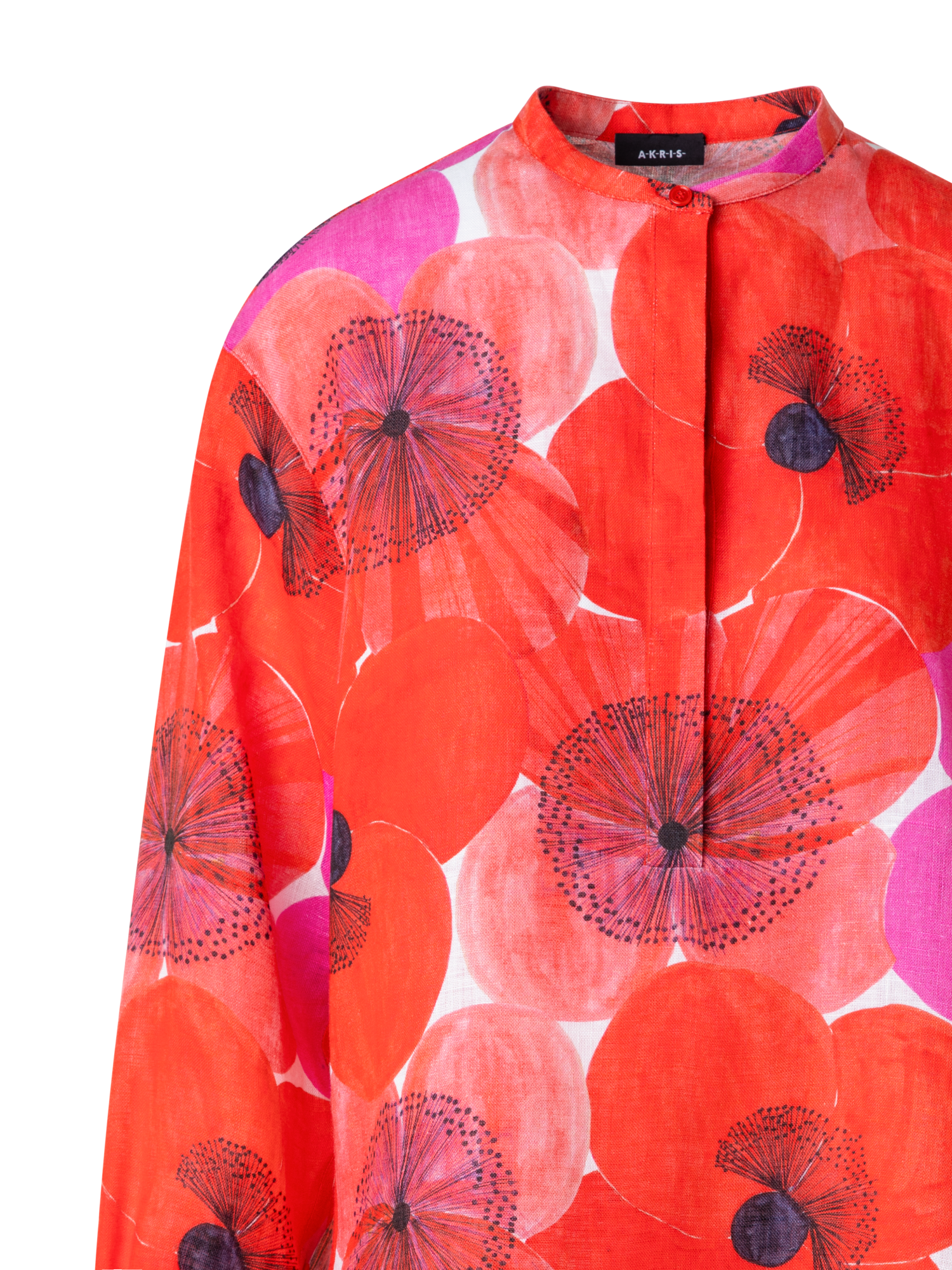 Designer Oversize Tunikabluse aus Leinen mit Poppy Druck - Bunt - Rot