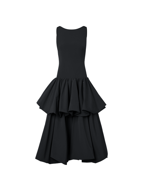 Designer Maxikleid aus Techno-Taft mit Volants - Schwarz