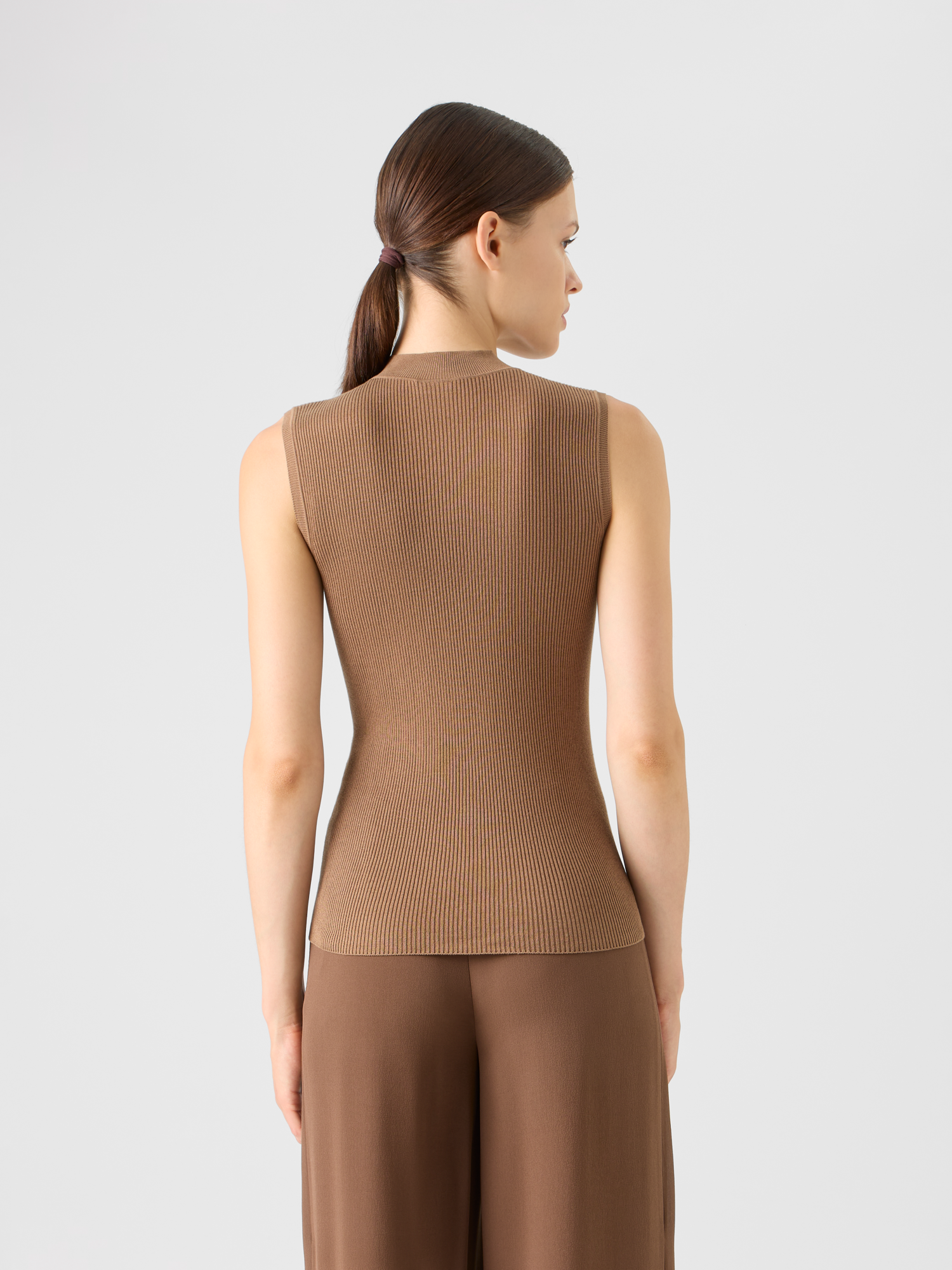 Designer Rippstrick Top aus Seiden-Baumwolle - Braun 
