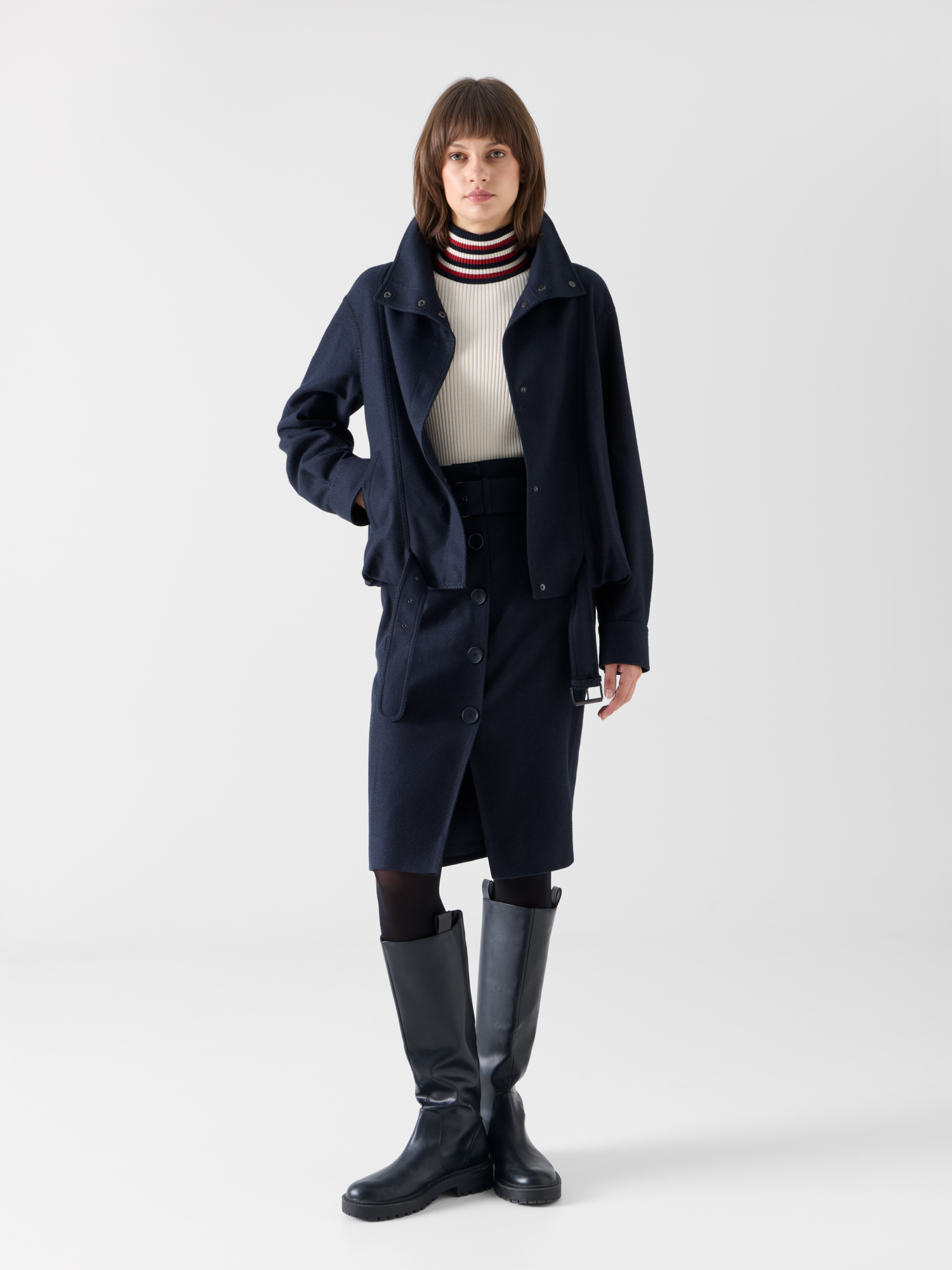 Designer Bleistiftrock aus Wollflanell mit hohem Bund - Dunkelblau 