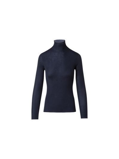 Designer Kaschmir-Seiden-Strickpullover mit Stehkragen - Dunkelblau - Blau