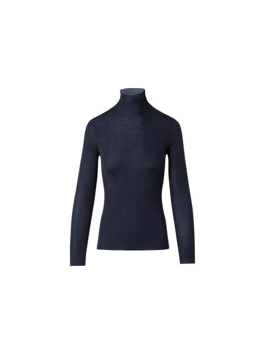 Designer Kaschmir-Seiden-Strickpullover mit Stehkragen - Dunkelblau - Blau