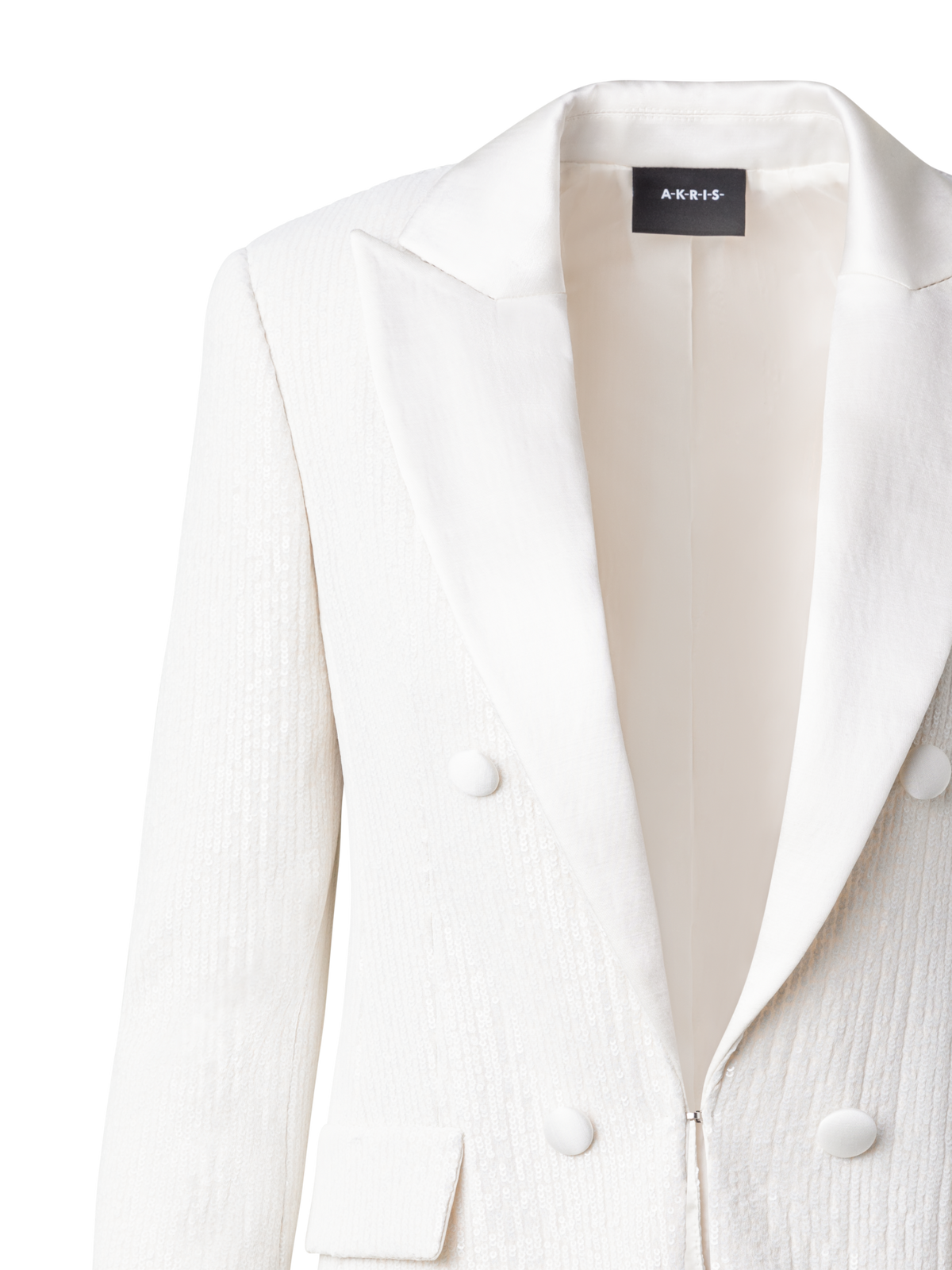 Designer Langer Pailletten-Blazer mit Satinrevers - Ecru - Weiss